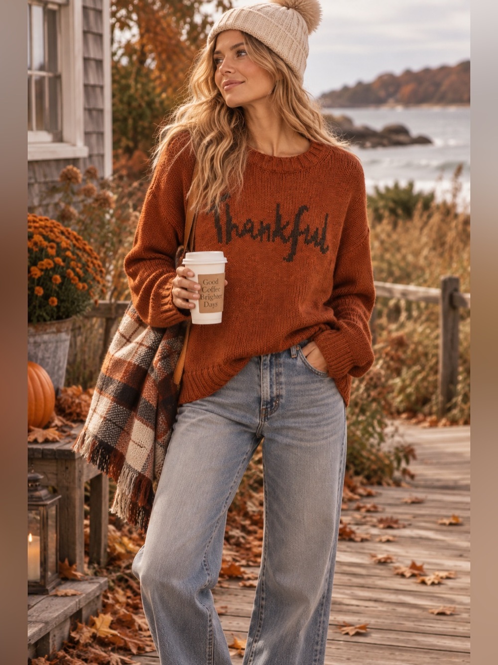 Wooden Ships "Thankful" Orange Crew Neck Sweater Women's S/M